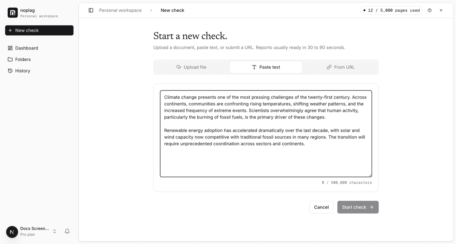The new-check form with the Paste text tab selected and a document pasted in