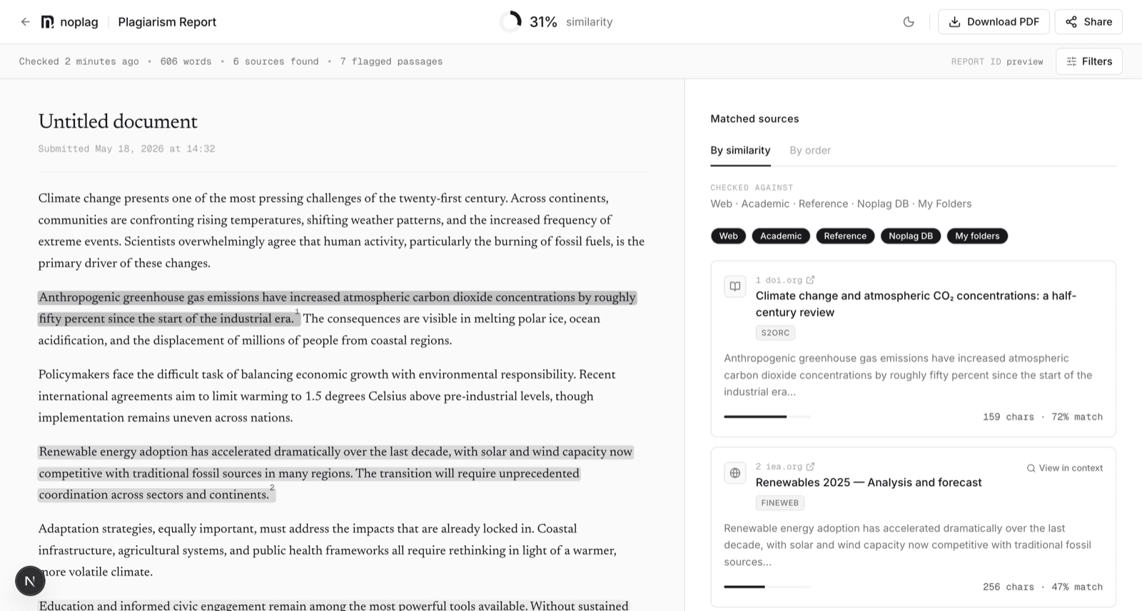 A report: similarity score in the header, highlighted passages in the document, matched sources on the right